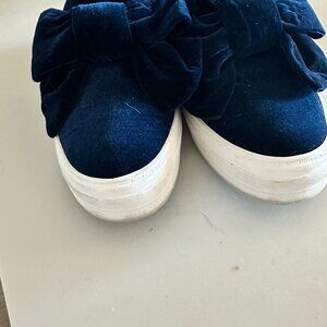 Ladies loafer style Blue Velvet shoes with large bow